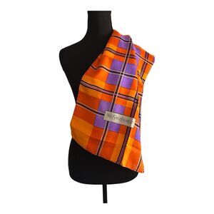 Yves Saint Laurent Red Orange Purple Silk Twill Check Long Scarf 32”x33” Vintage